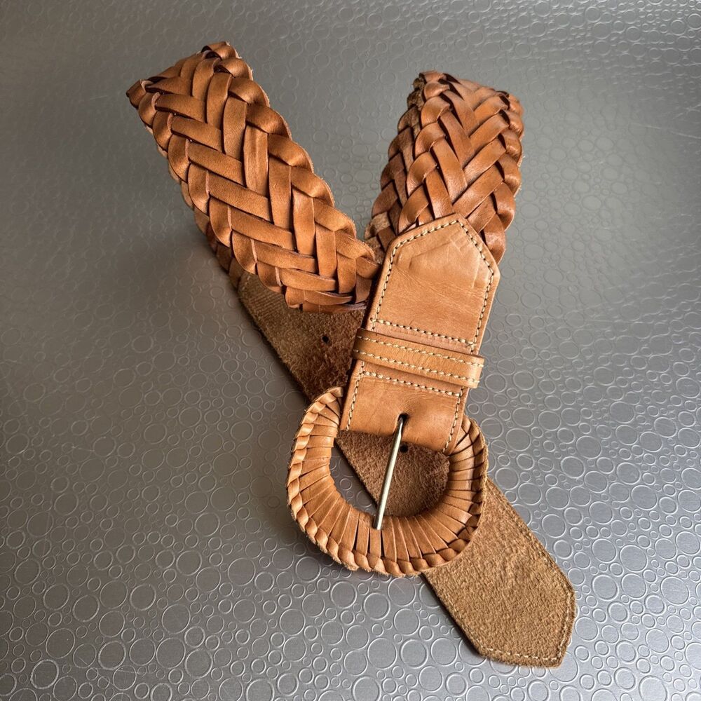 Artisan Wide Braided Tan Leather Hybrid 32 33 34 Belt Wrapped Buckle Womens